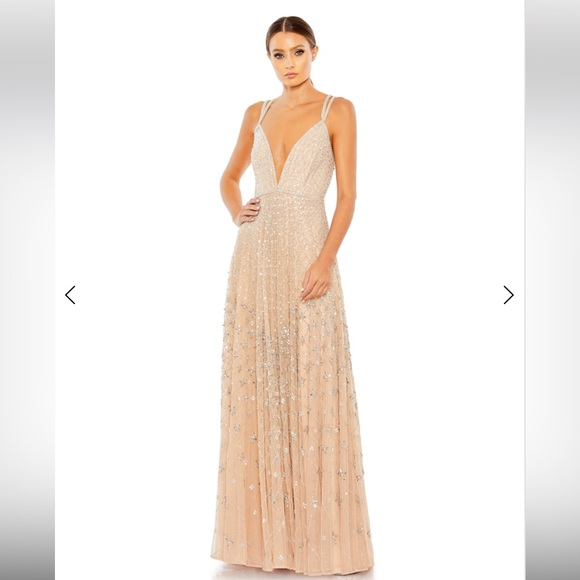 Mac Duggal 93701 - Plunging V-Neck A-Line Dress Color: Nude/Silver, Size, 10 NWT